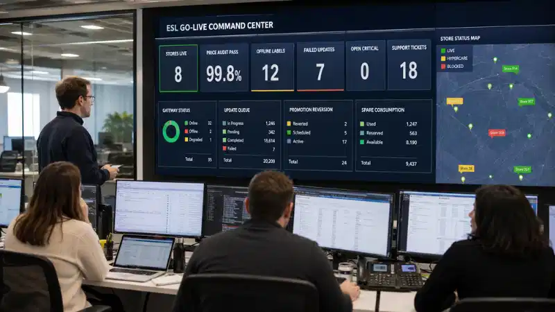 ESL go-live command center monitoring price audits, offline labels, failed updates, and support tickets
